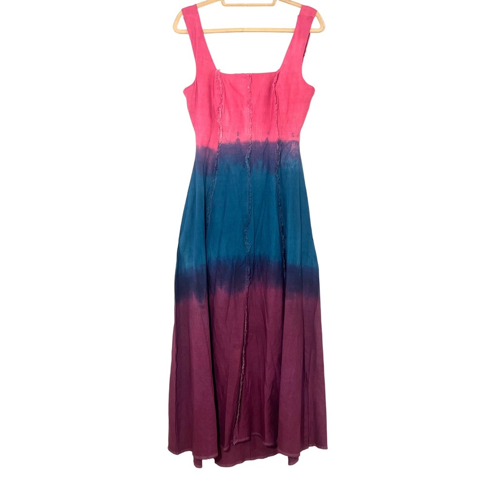 Fubii Studio Maxi Dress Linen Ombre Dip Dye Raw Edge Patchwork Hippie Boho Sz 12